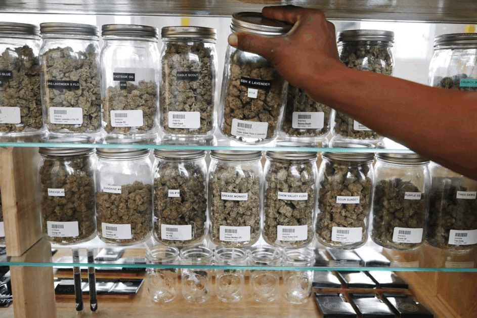 Jars of medical marijuana in dispensary